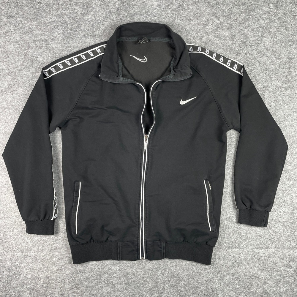 VTG Nike Track Jacket Mens XXL Black Full Zip Swoosh Silver Tag 90s Y2K